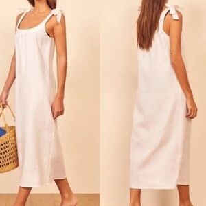 Reformation Bronte Midi Linen White Dress Size Medium Bow Shoulder Tie